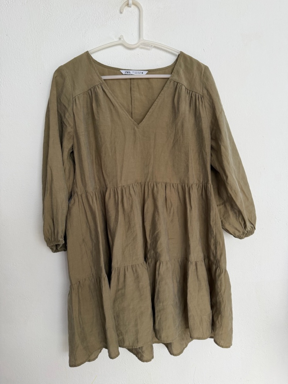 BOHO Zara Olive Tiered V-Neck Smock Flowy Dress Size Small/ Runs BIG.
